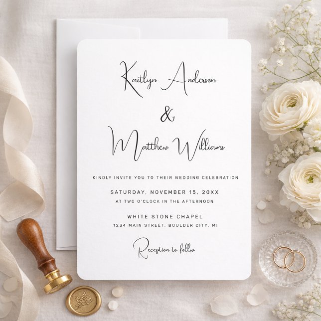 Minimal White Modern Elegant Typography Wedding Invitation (White with Black Script Wedding invitation
)