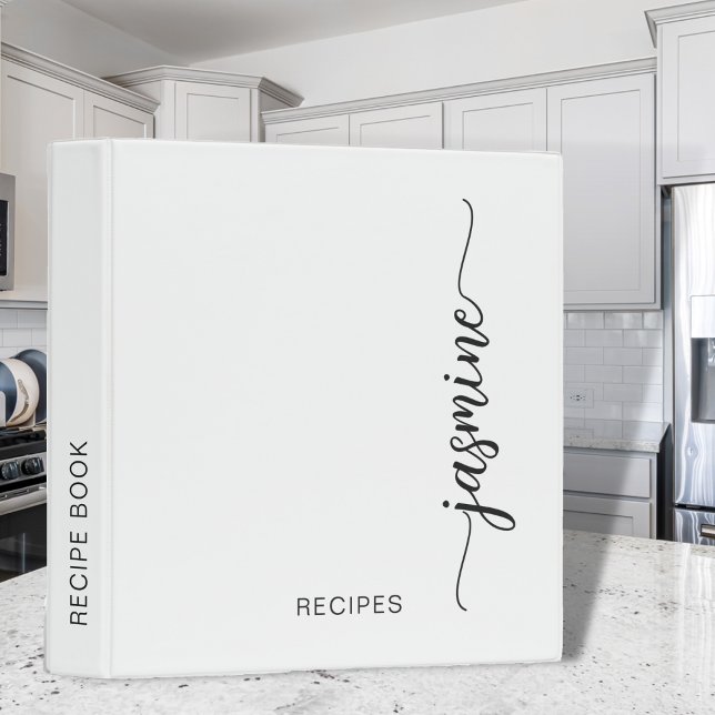 Minimal White Monogram Calligraphy Cookbook Recipe 3 Ring Binder (Creator Uploaded)
