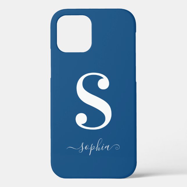 Minimal White Monogram Grey Script Name on Blue Case-Mate iPhone Case (Back)