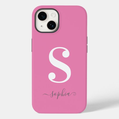 Minimal White Monogram Grey Script Name on Pink Case_Mate iPhone 14 Case