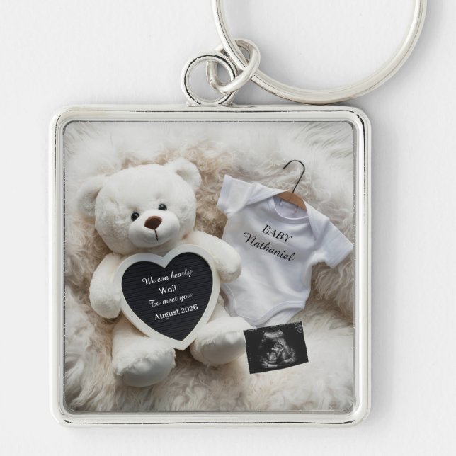 Minimal white Neutral Pregnancy announcement gift Keychain (Front)