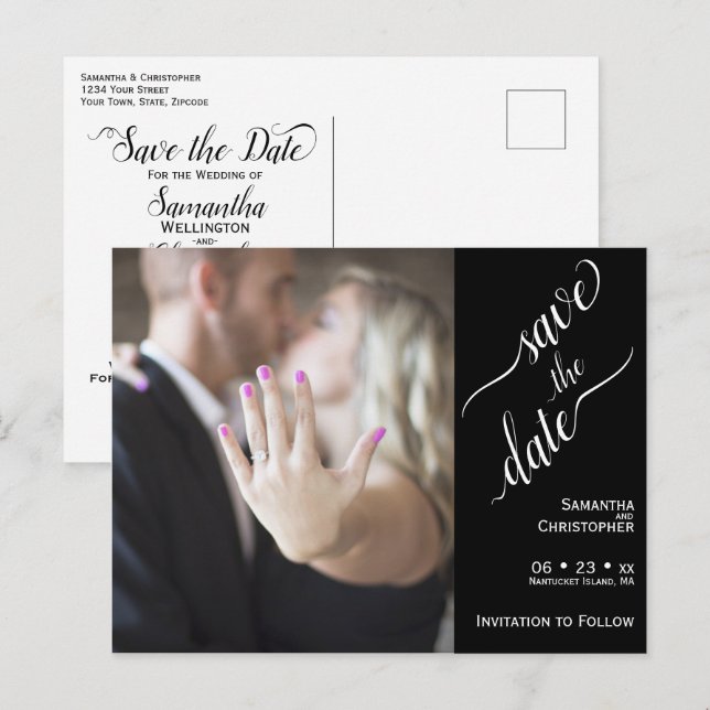 Minimal White on Black Wedding Save the Date Photo Postcard (Front/Back)