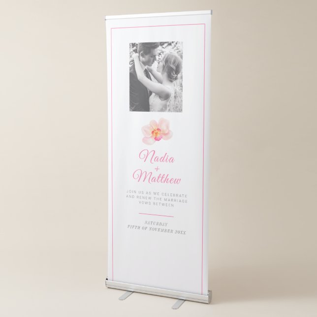 Minimal white orchid flower photo wedding renewal retractable banner (3/4)
