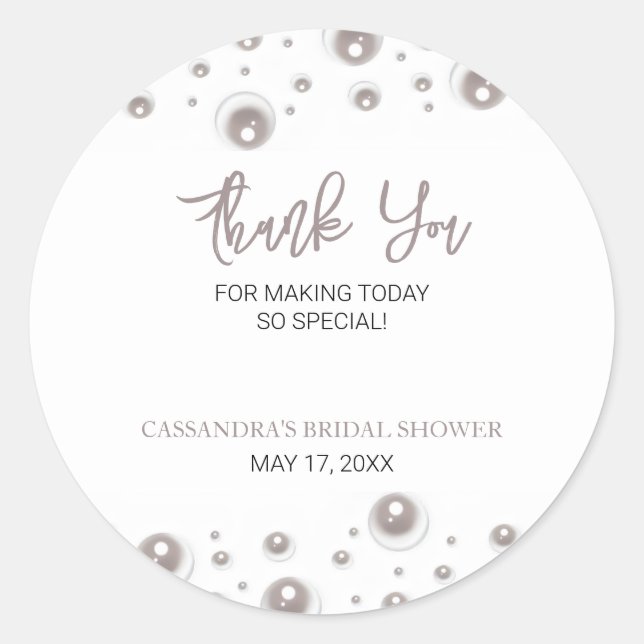 Minimal White Pearl Bridal Shower Thank You Classic Round Sticker (Front)