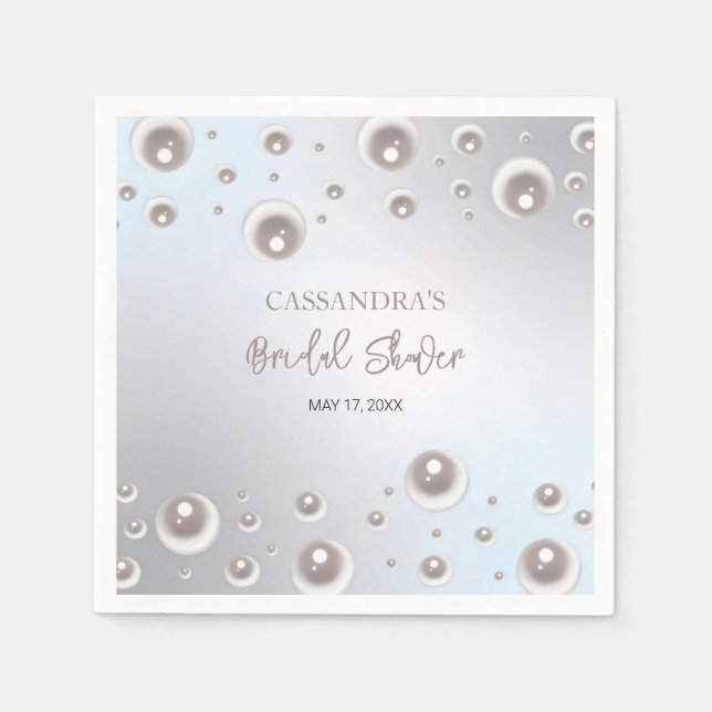 Minimal White Pearl Silver Bridal Shower  Napkins (Front)