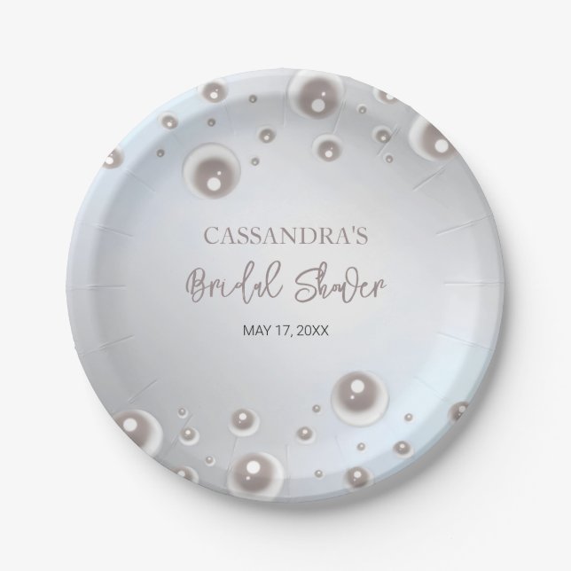 Minimal White Pearl Silver Bridal Shower  Paper Plates (Front)