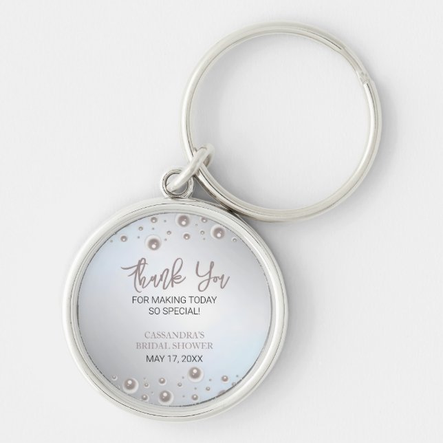 Minimal White Pearl Silver Bridal Shower Thank You Keychain (Front)
