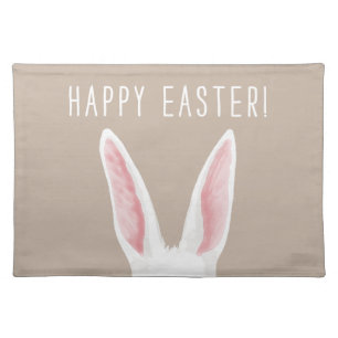 Minimal White Rabbit Ears On Beige Happy Easter Cloth Placemat