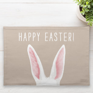 Minimal White Rabbit Ears On Beige Happy Easter Cloth Placemat