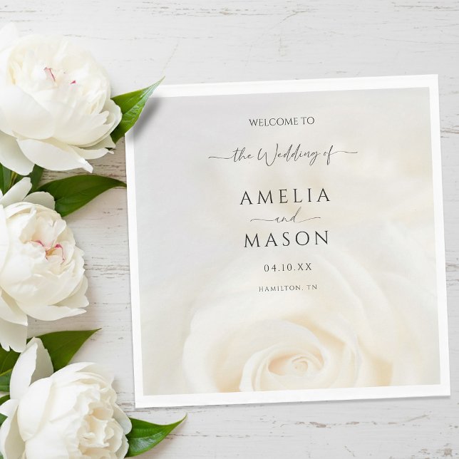 Minimal White Rose Elegant Script Wedding Welcome  Napkins (Minimal White Rose Elegant Script Wedding Welcome Napkins)