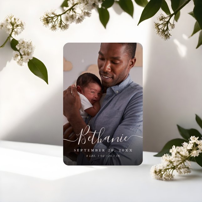 Minimal White Script Baby Name Overlay Baby Photo Magnet (Minimal White Script Baby Name Overlay Baby Photo Magnet)