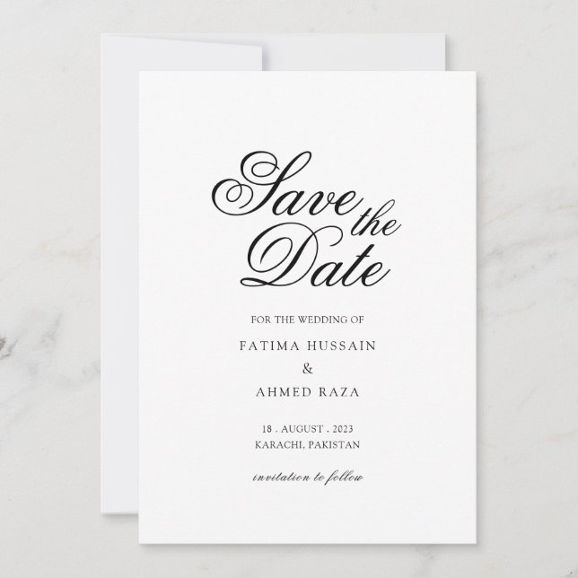 Minimal White Script Muslim Save The Date Card (Front)