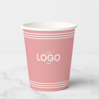 Minimal White Stripes Custom Logo on Pink Blush Paper Cups