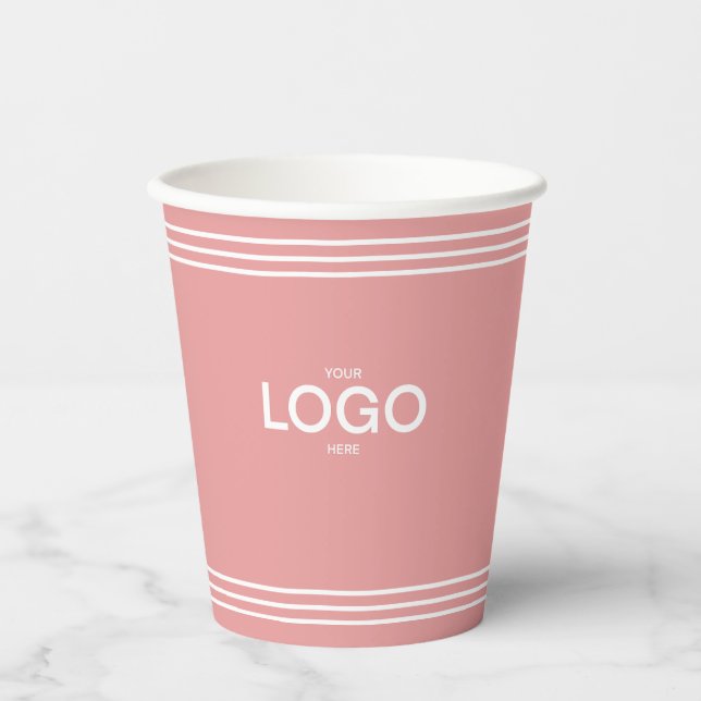 Minimal White Stripes Custom Logo on Pink Blush Paper Cups (Front)