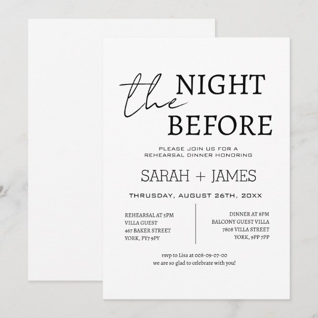 Minimal White the Night Before Rehearsal Dinner  Invitation (Front/Back)