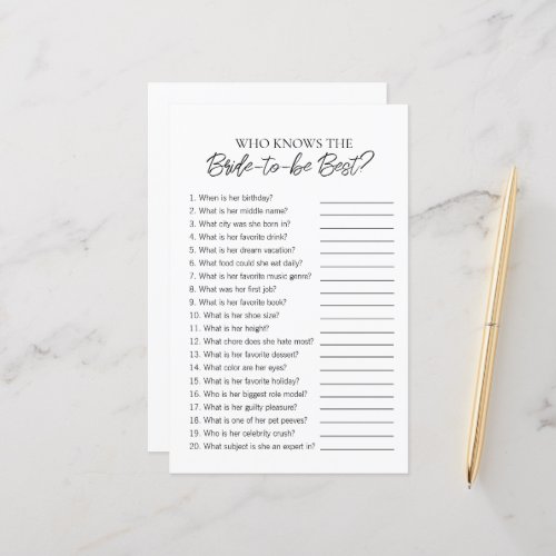 Minimal Who Knows The Bride Bridal Shower Game
