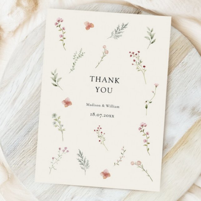 Minimal Wildflower Beige Boho Floral Wedding Thank You Card (Creator Uploaded)