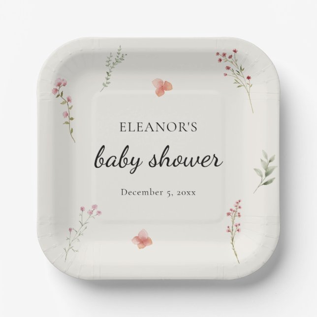Minimal Wildflower Boho Baby Shower Paper Plates (Front)