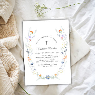 Minimal Wildflower Floral Wreath Cross Baptism Invitation