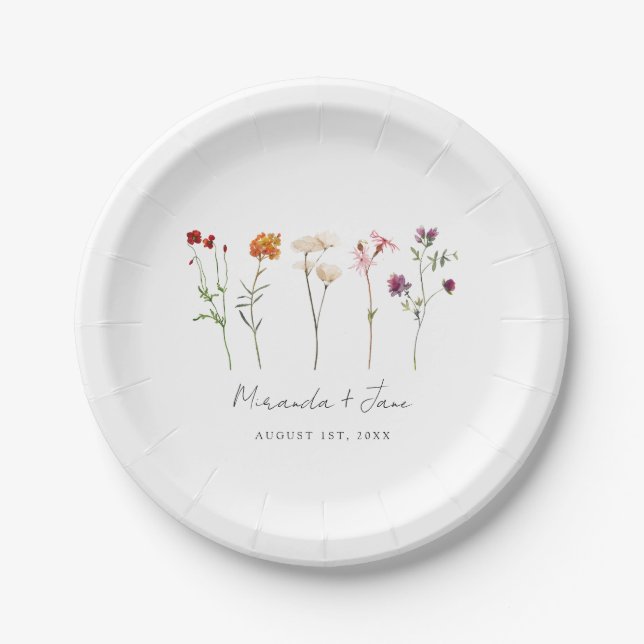 Minimal Wildflower Lesbian Pride Floral Wedding Paper Plates (Front)