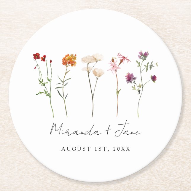 Minimal Wildflower Lesbian Pride Floral Wedding Round Paper Coaster (Front)