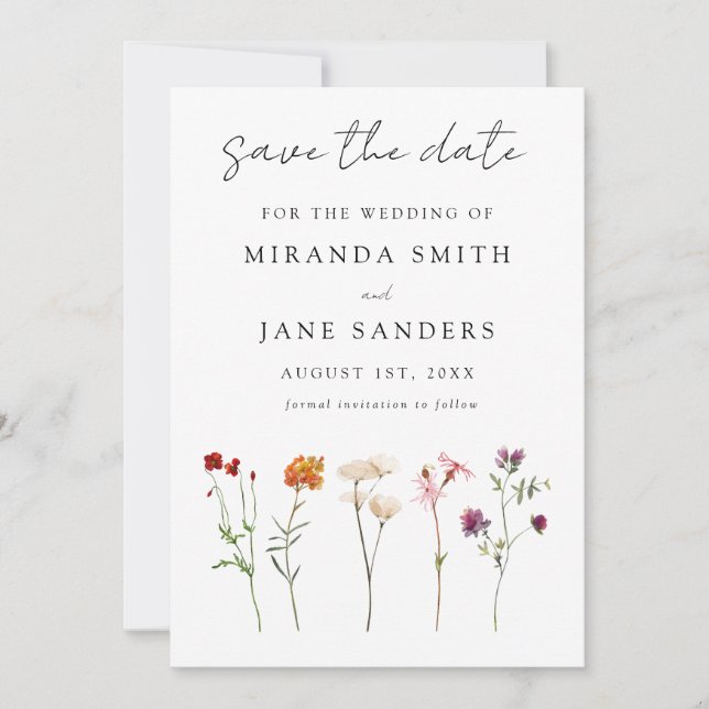 Minimal Wildflower Lesbian Pride Floral Wedding Save The Date (Front)