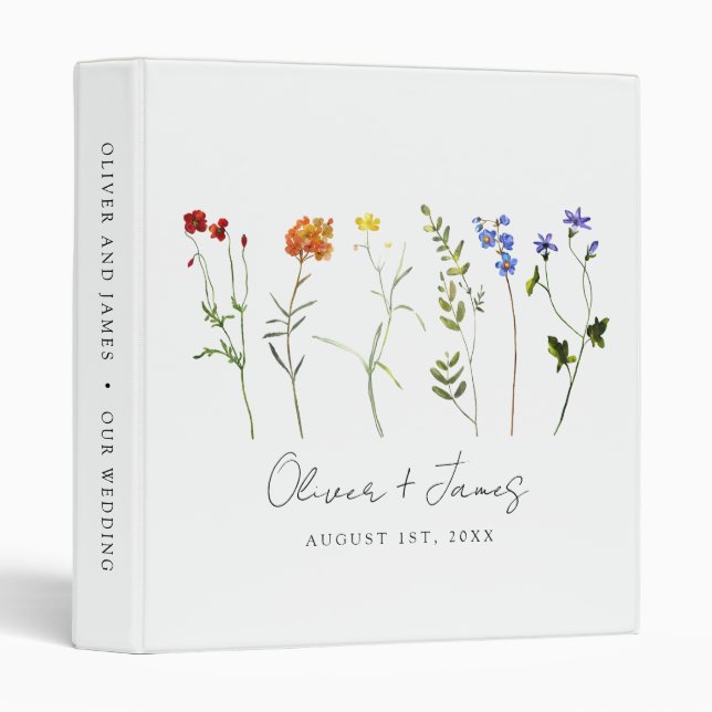 Minimal Wildflower LGBTQ Gay Pride Floral Wedding 3 Ring Binder (Front/Spine)