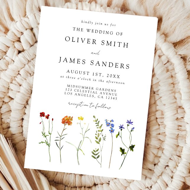 Minimal Wildflower LGBTQ Gay Pride Floral Wedding Invitation (Creator Uploaded)
