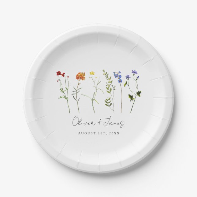 Minimal Wildflower LGBTQ Gay Pride Floral Wedding Paper Plates (Front)