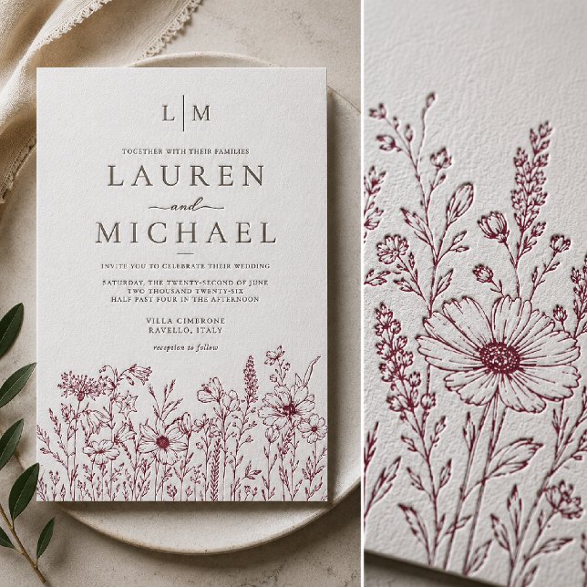 Minimal Wildflower Meadow Wedding Letterpress Invitation (Creator Uploaded)
