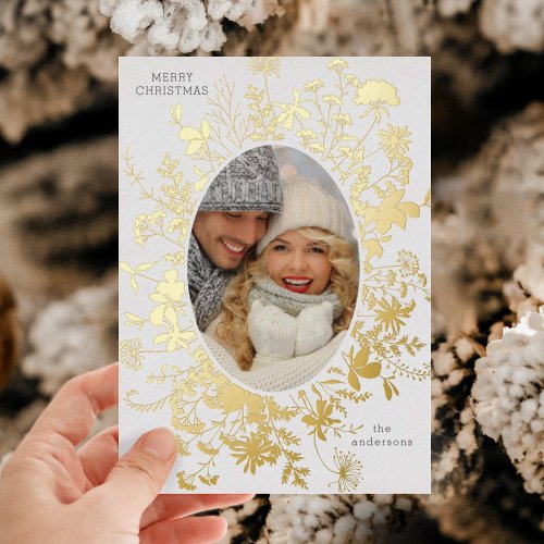 Minimal Wildflowers Christmas Photo Gold Foil Holiday Card