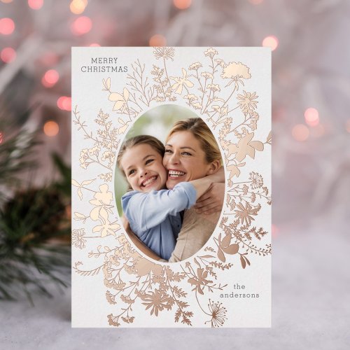 Minimal Wildflowers Christmas Photo Rose Gold Foil Holiday Card