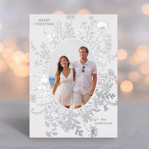 Minimal Wildflowers Christmas Photo Silver Foil Holiday Card