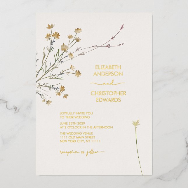 Minimal Wildflowers Floral Simple Wedding Gold Foil Invitation (Front)