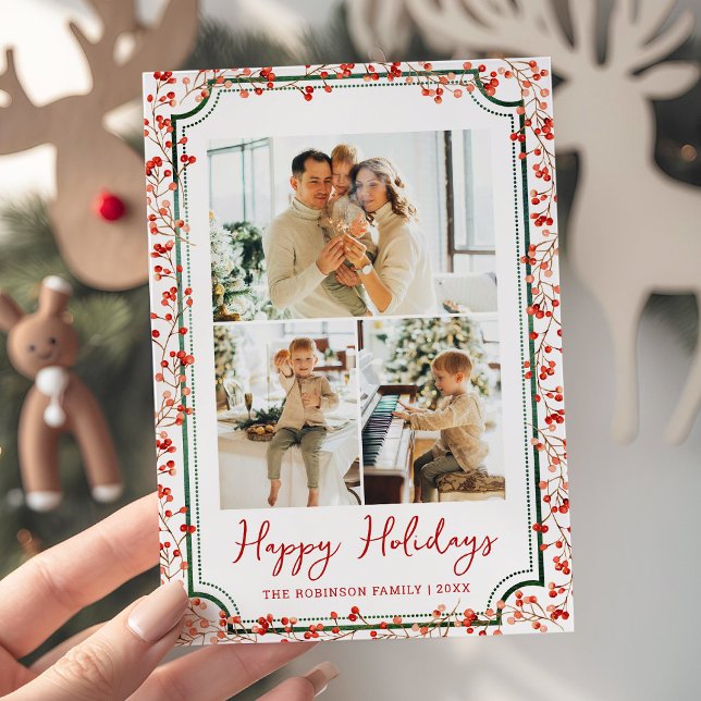 Minimal Winter Berries Happy Holidays 3 Photo Holiday Card (Creator Uploaded)