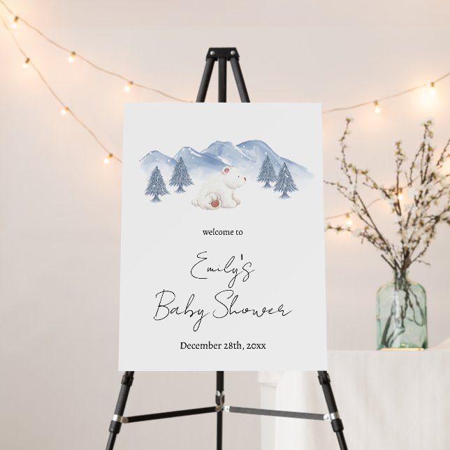 Minimal Winter Polar Bear Baby Shower Welcome sign (In Situ (Stand))