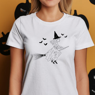 Minimal Witch And Bats Black Line Art Halloween T-Shirt