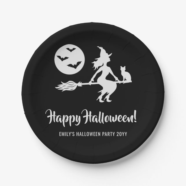 Minimal Witch Girl Black And White Halloween Party Paper Plates (Front)