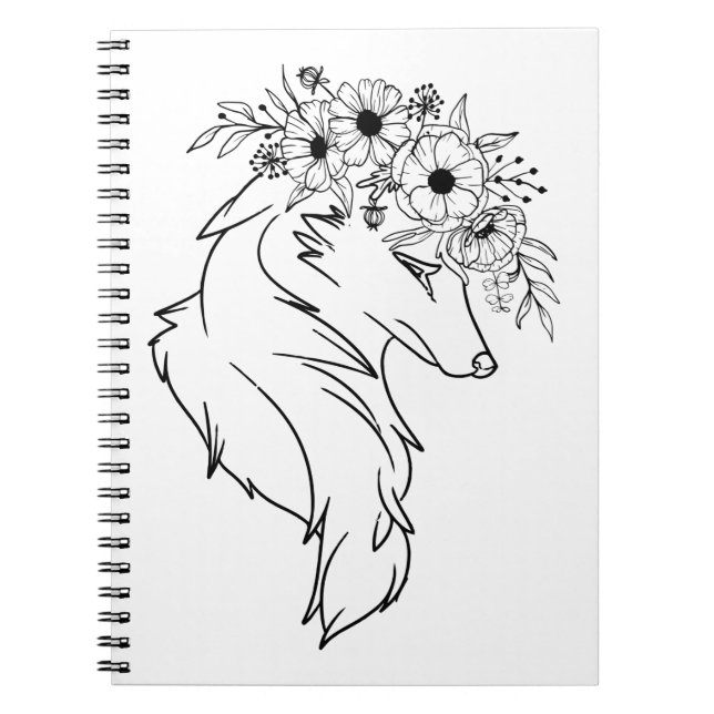 Minimal wolf Line Drawing with Flowers Notebook (Front)