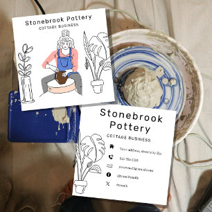 Minimal Woman Illustration Pottery Wheel Square Business Card