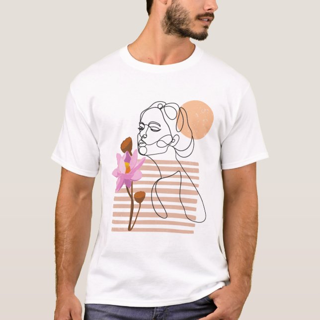 Minimal woman smelling flowers line art T-Shirt (Front)