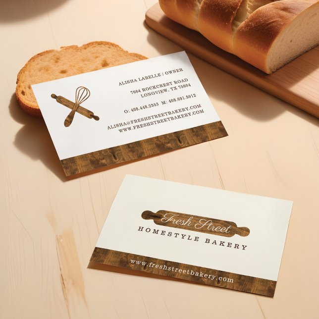Minimal Wooden Rolling Pin Bakery Logo Business Card (Minimal Wooden Rolling Pin Bakery Logo Business Card)