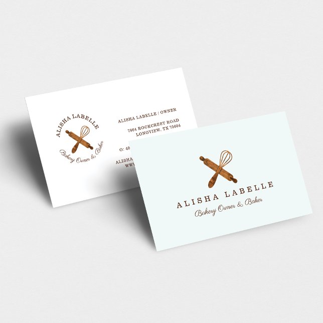 Minimal Wooden Rolling Pin & Whisk Bakery Logo Business Card
