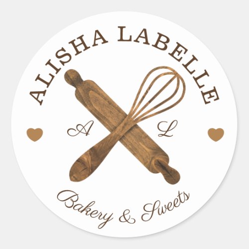 Minimal Wooden Rolling Pin  Whisk Bakery Logo Classic Round Sticker