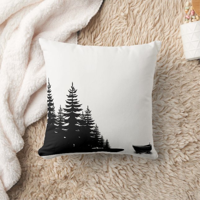 Minimal Woodland Black and White Pine Tree  Throw Pillow (Blanket)