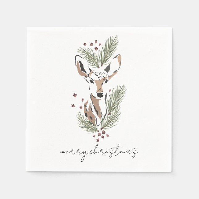 Minimal Woodland Deer Watercolor Christmas Holiday Napkins (Front)