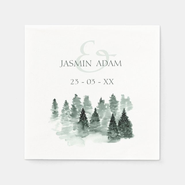 Minimal Woodland Trees Rustic Green Wedding Napkins (Front)