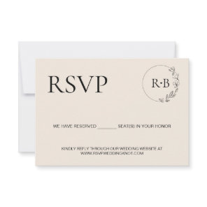 Minimal wreath Monogram Black and Cream wedding RSVP Card