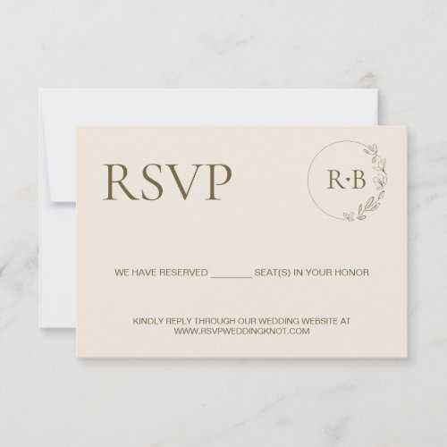 Minimal wreath Monogram Cream earth tone wedding RSVP Card