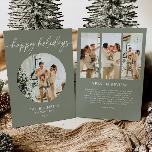 Minimal Year In Review Happy Holidays Round Photo Holiday Card (Creator Uploaded)